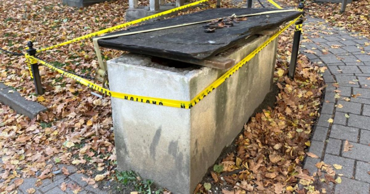 A homeless man allegedly went on a "one-man crime spree" in Boston on Saturday destroying several grave markers, including this one in Granary Burying Ground.