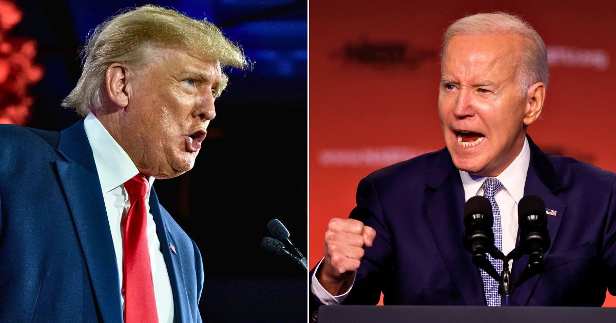 At left, former U.S. President Donald Trump speaks at the Gaylord Opryland Resort and Convention Center in Nashville, Tennessee, on June 17, 2022. At right, President Joe Biden speaks at the Washington Hilton in D.C. on April 25.