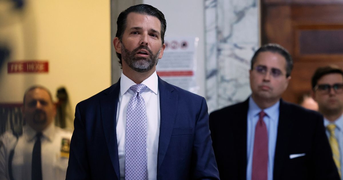 Donald Trump Jr. speaks as he leaves the courtroom after testifying in the civil fraud trial against his family at New York State Supreme Court in New York City on Monday.