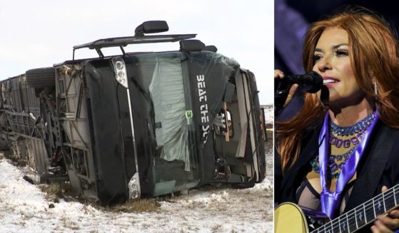 Numerous injuries were reported after a bus overturned near Saskatoon, Saskatchewan, left. The bus carried crew members for Shania Twain's "Queen of Me" tour, right.