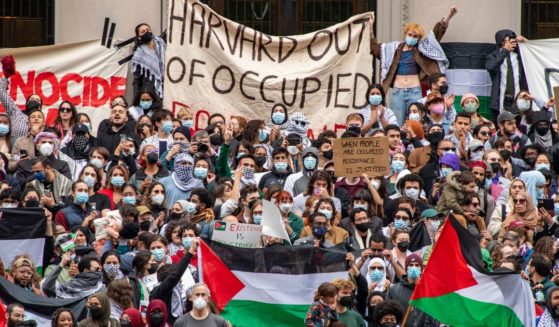 Protesters gather at Harvard University Oct. 14 to show their support for Palestinians in Gaza at a rally in Cambridge, Massachusetts. A group of law firms has warned prominent law schools that it will not tolerate ant-Semitic sentiments or condone violence against Israel.