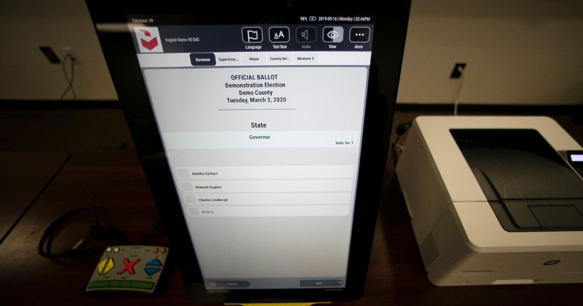 A sample ballot is shown on a Dominion Voting Systems machine in Atlanta on Sept. 16, 2019.