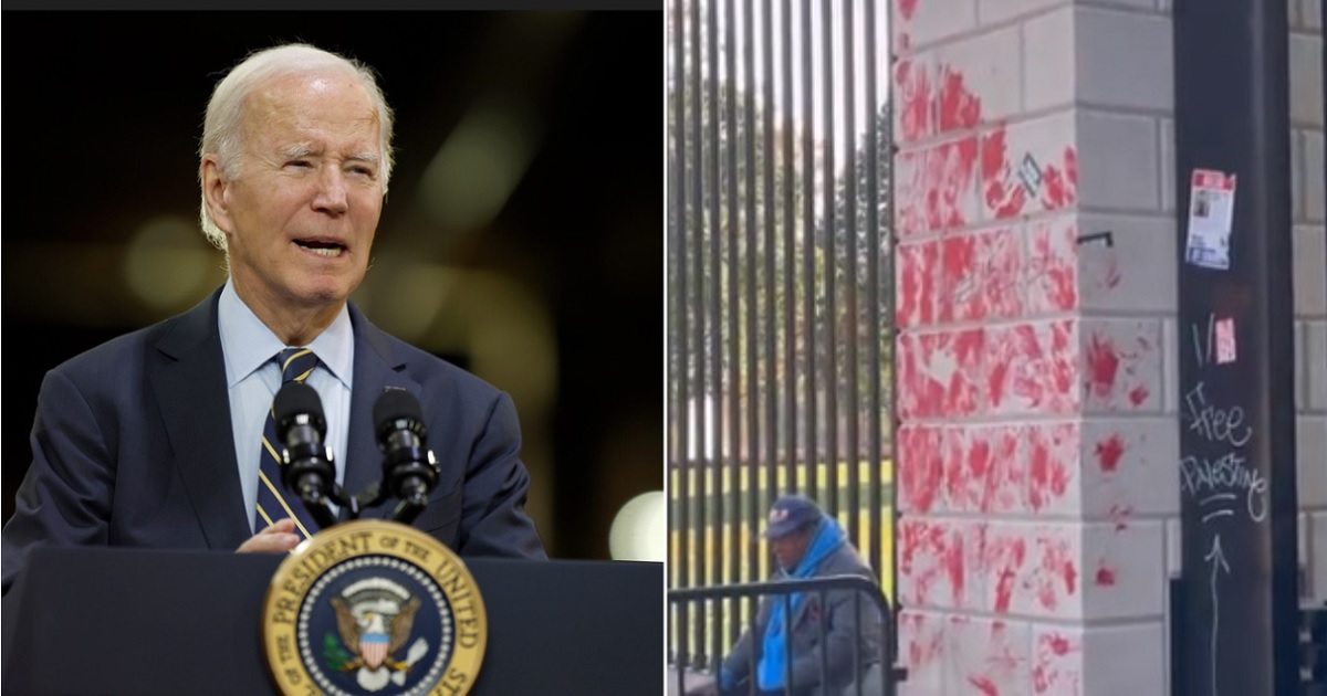 President Joe Biden, left; vandalized White House gates, right.