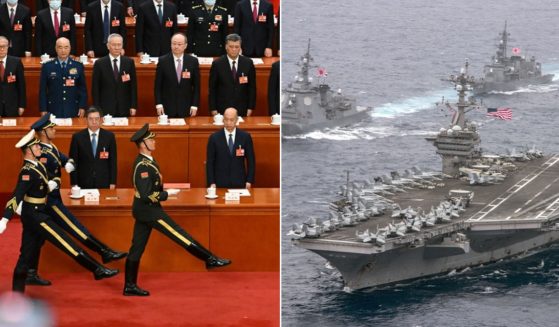 People's Liberation Army soldiers, left, march before China's rulers during a March session of the National People's Congress in Beijing. Right, the American aircraft carrier USS Carl Vinson is pictured in a 2017 file photo on a training voyage in the Philippine Sea with the Japan Maritime Self-Defense Force.