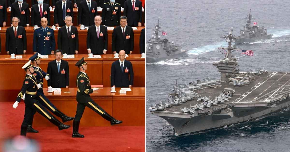 People's Liberation Army soldiers, left, march before China's rulers during a March session of the National People's Congress in Beijing. Right, the American aircraft carrier USS Carl Vinson is pictured in a 2017 file photo on a training voyage in the Philippine Sea with the Japan Maritime Self-Defense Force.