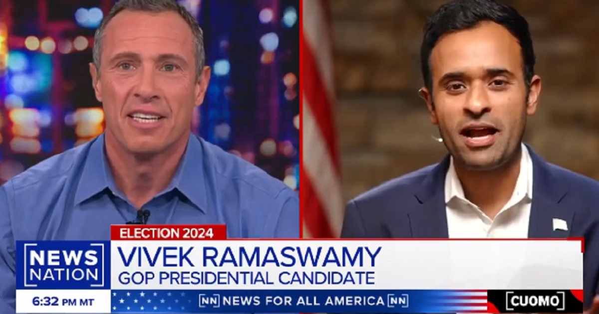 Former CNN host Chris Cuomo, now with NewsNation, interviews Republican presidential contender Vivek Ramaswamy on Monday.