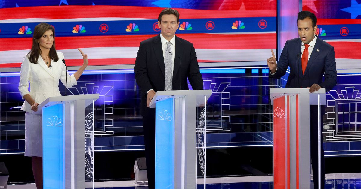Former South Carolina Gov. Nikki Haley, Florida Gov. Ron DeSantis and Vivek Ramaswamy participate in the third Republican presidential primary debate on Wednesday in Miami.