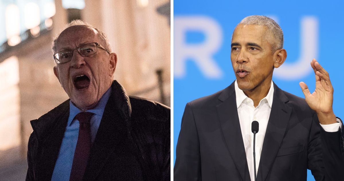 (L) Attorney Alan Dershowitz leaves the U.S. Capitol on January 29, 2020 in Washington, DC. (R) Former President Barack Obama speaks to attendees at the Obama Foundation Democracy Forum on November 3, 2023 in Chicago, Illinois.