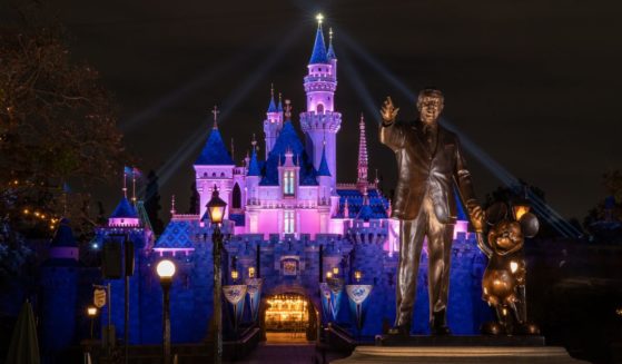 In this handout photo provided by Disneyland Resort, a view of Sleeping Beauty Castle in Disneyland Park illuminated during a special live-streamed moment to welcome Cast Members back to the resort on April 26, 2021, at Disneyland Resort in Anaheim, California.