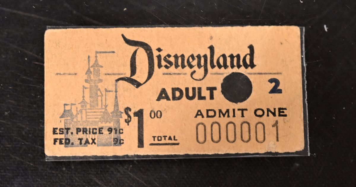 The first ticket sold to Disneyland, sold in 1955 for $1, is displayed during a media tour of the Walt Disney Archives,on June 20, 2023 at the Disney Studio lot, in Burbank, California.