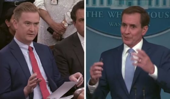 This Twitter screen shot shows Fox News reporter Peter Doocy (L) and White House National Security Council Coordinator for Strategic Relations John Kirby (R) at a briefing.