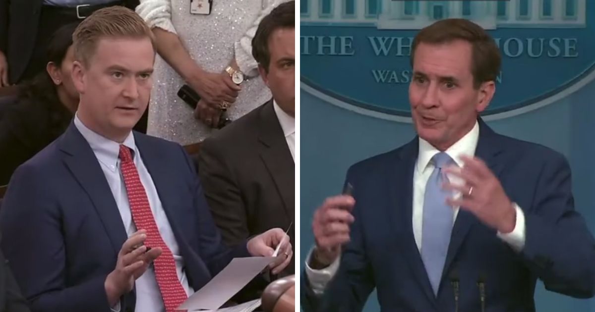 This Twitter screen shot shows Fox News reporter Peter Doocy (L) and White House National Security Council Coordinator for Strategic Relations John Kirby (R) at a briefing.