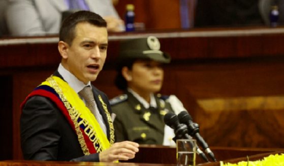 Newly elected President Daniel Noboa speaks during the presidential inauguration at the Ecuadorean National Assembly on Thursday in Quito, Ecuador.