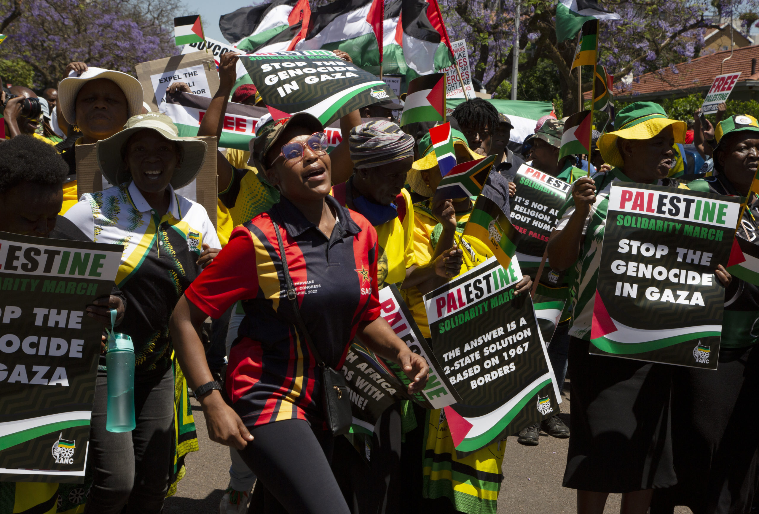 Pro-Palestinian supporters demonstrate at the entrance to the Israeli embassy in Pretoria, South Africa, on Oct. 20. On Monday South Africa withdrew its ambassador from Israel.