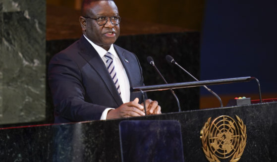 Julius Maada Bio, president of Sierra Leone, speaks at the start of the Transforming Education Summit at United Nations headquarters, Sept. 19, 2022. Bio declared a nationwide curfew after gunmen attacked the West African country's main military barracks in the capital of Freetown.