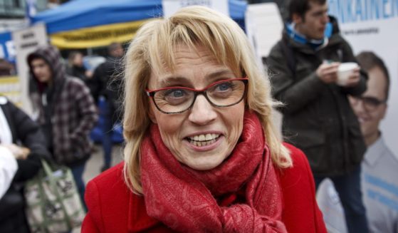 Chairwoman Päivi Räsänen of the Christian Democrats campaigns in Helsinki, Finland on April 18, 2015, ahead of the parliamentary elections.