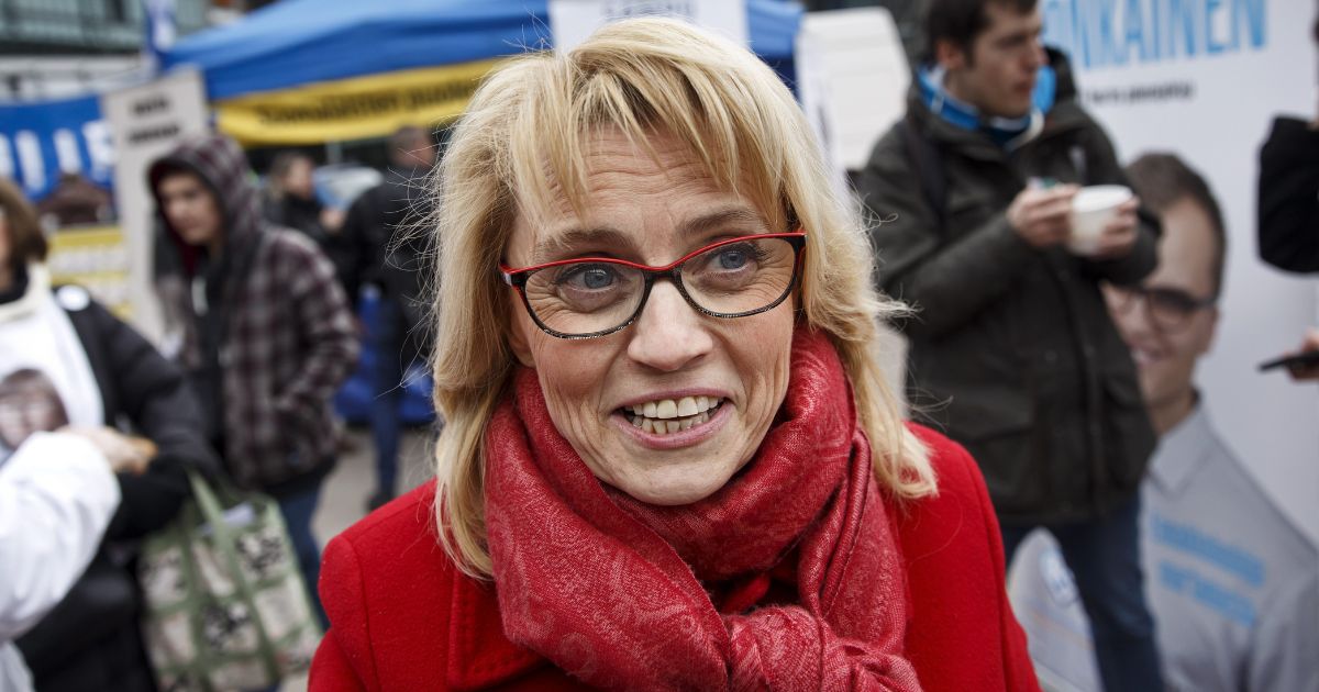Chairwoman Päivi Räsänen of the Christian Democrats campaigns in Helsinki, Finland on April 18, 2015, ahead of the parliamentary elections.
