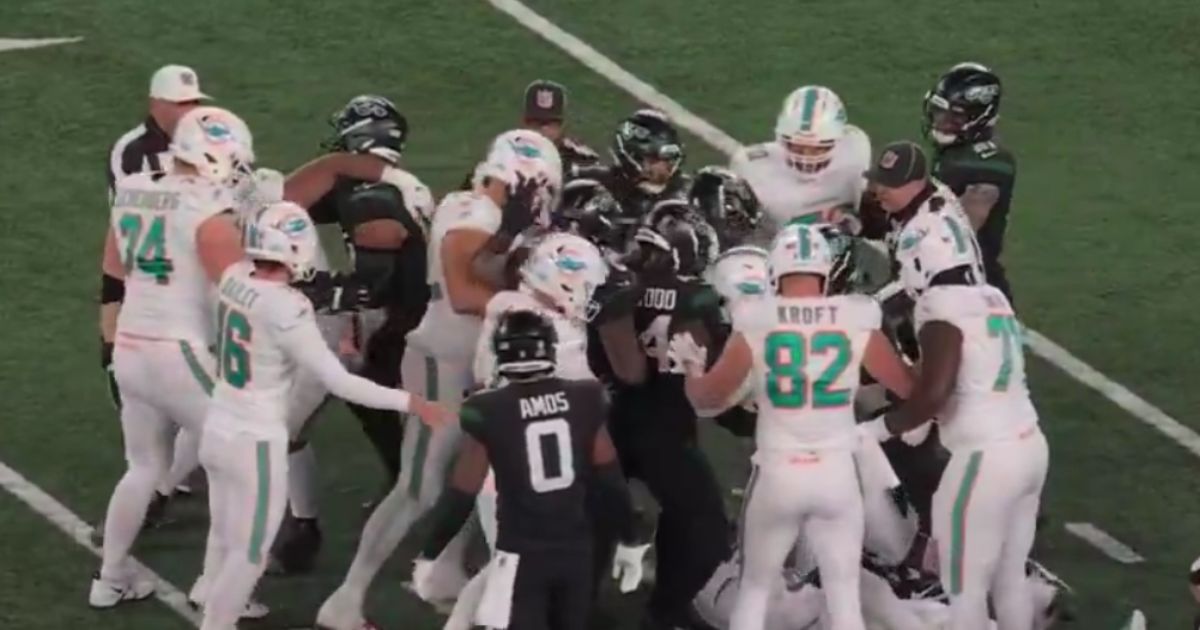 This Twitter screen shot shows a scuffle that broke out between Miami Dolphins and New York Jets players during an NFL game on Black Friday 2023.