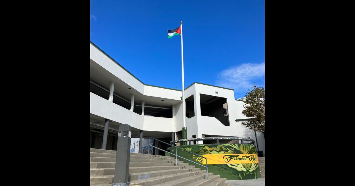 This Twitter screen shot shows a Palestinian flag being flown at a school in California.
