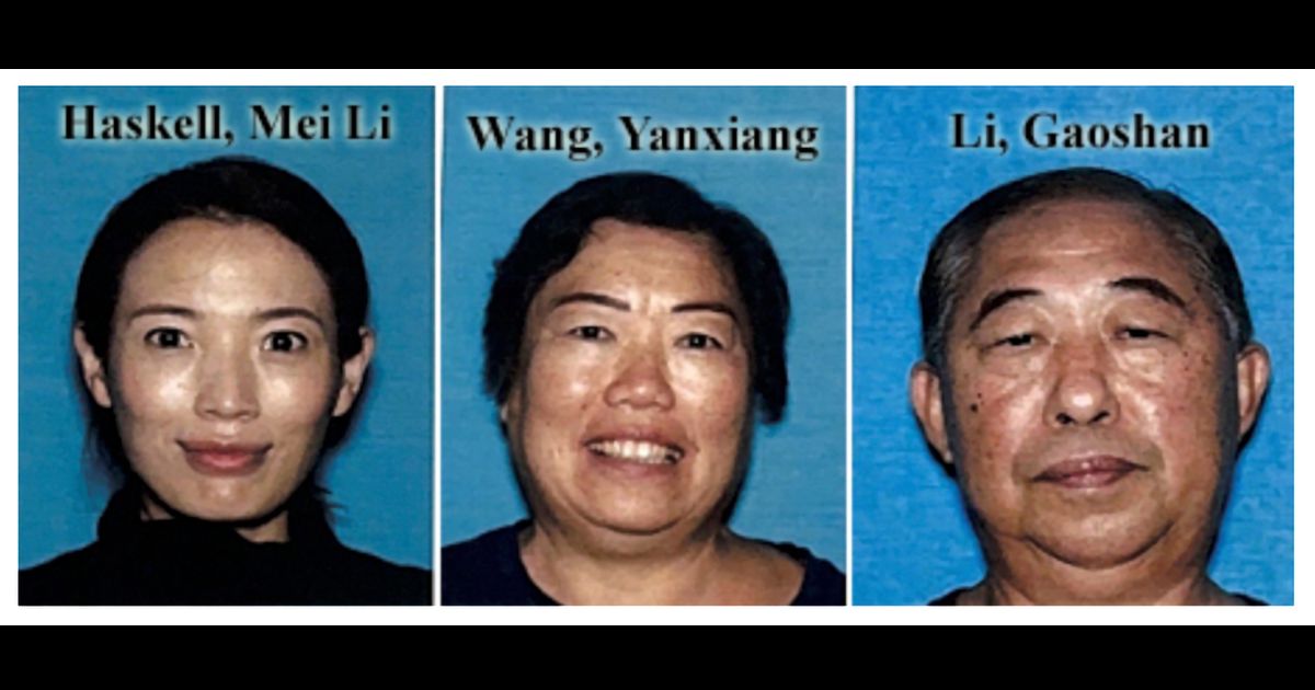 This undated photo combination provided by the Los Angeles Police Department shows Mei Haskell, left, and her parents, YanXiang Wang and Gaoshan Li. Mei's husband, Samuel Haskell IV, is suspected of killing her.