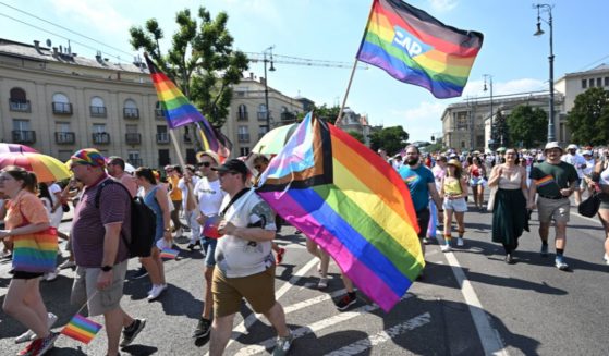People take part in the LGBT Pride Parade in Budapest, Hungary, on July 15.