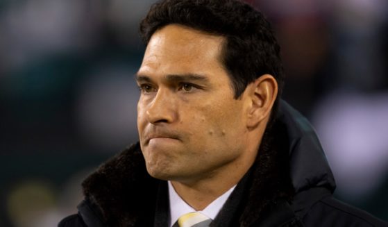 Fox TV analyst Mark Sanchez appears to grimace in a 2021 file photo.;