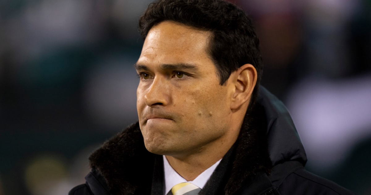 Fox TV analyst Mark Sanchez appears to grimace in a 2021 file photo.;