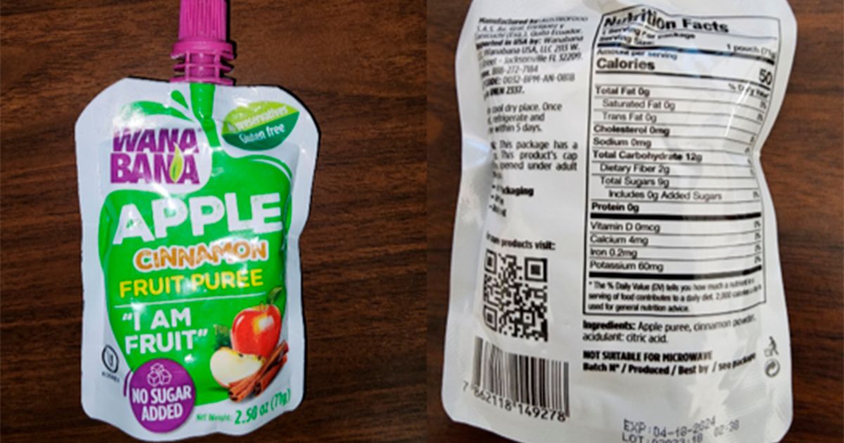 This photo provided by the U.S. Food and Drug Administration on Oct. 28 shows a WanaBana apple cinnamon fruit puree pouch.