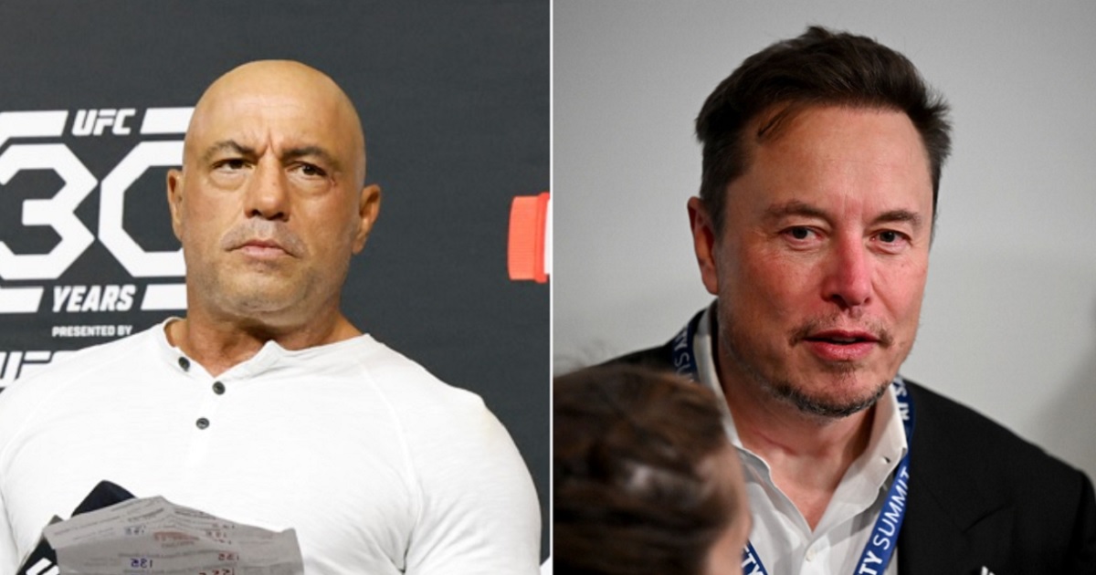 Social media personality and former mixed martial arts fighter Joe Rogan is pictured, left, at a ceremonial weigh-in for a UFC 292 mixed martial arts event in August in Boston. Elon Musk, owner of the social media platform X, is pictured at a gathering in England to discuss artificial intelligence restrictions.