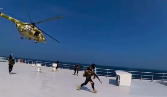 The above image is from a released video showing Yemen's Houthi rebels hijacking a ship over the weekend.