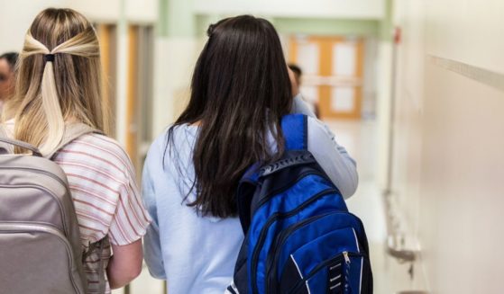 Two girls walk down a school hallway in this stock image.