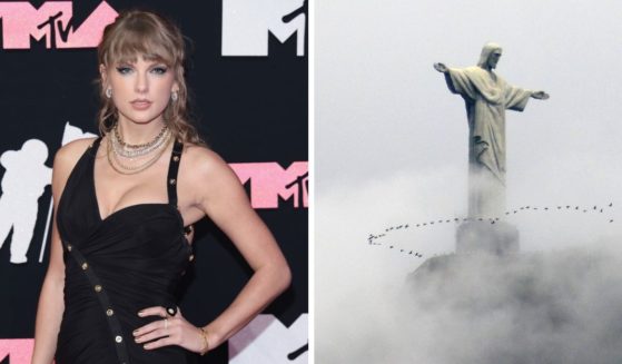 (L) Taylor Swift attends the 2023 MTV Video Music Awards at the Prudential Center on September 12, 2023 in Newark, New Jersey. (R) Birds fly past the Christ the Reedemer statue atop the Corcovado mountain, seen from Copacabana in Rio de Janeiro, Brazil, on January 3, 2015.