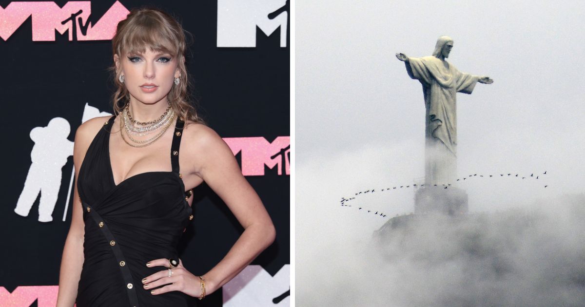 (L) Taylor Swift attends the 2023 MTV Video Music Awards at the Prudential Center on September 12, 2023 in Newark, New Jersey. (R) Birds fly past the Christ the Reedemer statue atop the Corcovado mountain, seen from Copacabana in Rio de Janeiro, Brazil, on January 3, 2015.