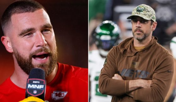 Kansas City Chiefs tight end Travis Kelce, left; New York Jets quarter back Aaron Rodgers, right.