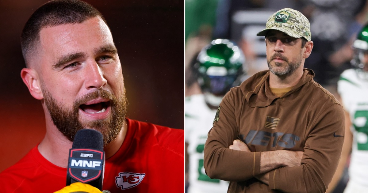 Kansas City Chiefs tight end Travis Kelce, left; New York Jets quarter back Aaron Rodgers, right.
