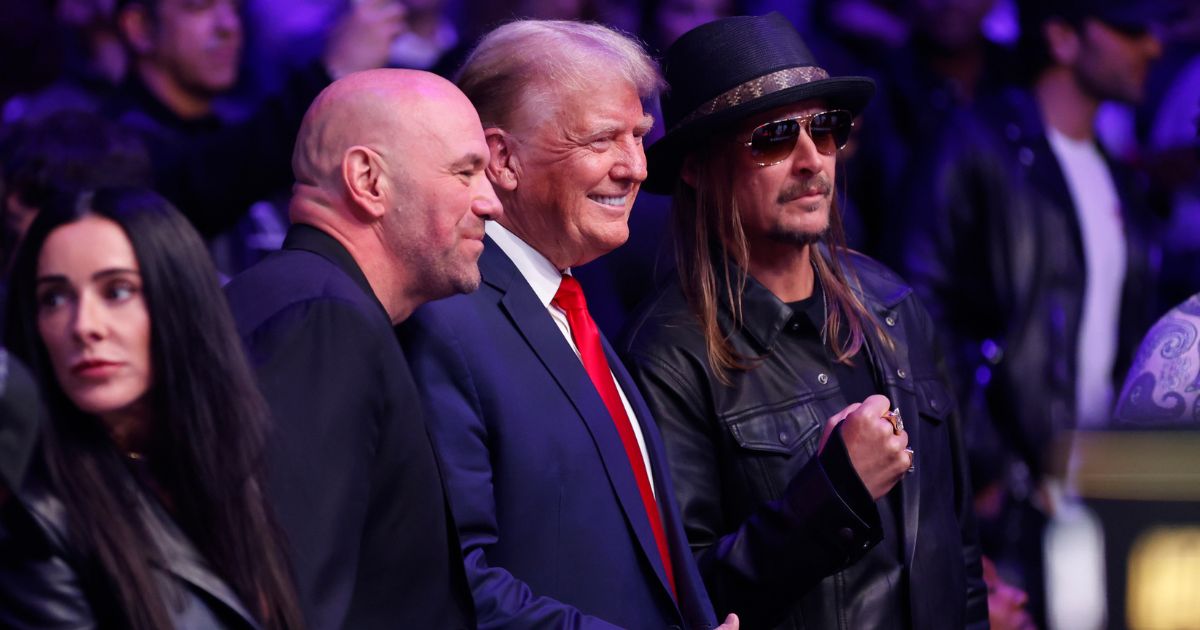 Former President Donald Trump, UFC president Dana White, and Kid Rock pose for a photo during the UFC 295 event at Madison Square Garden on Saturday in New York City.