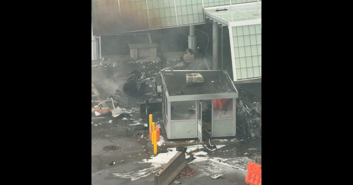 The above image shows the aftermath of a car explosion that occurred Wednesday at the Niagra Falls Rainbow Bridge, which is the U.S.-Canada border.