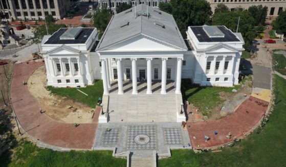 In an aerial view, the Virginia State Capitol is shown on July 12, 2023 in Richmond, Virginia.