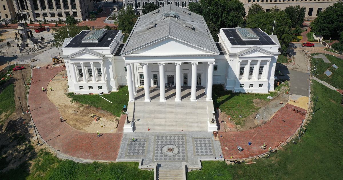 In an aerial view, the Virginia State Capitol is shown on July 12, 2023 in Richmond, Virginia.