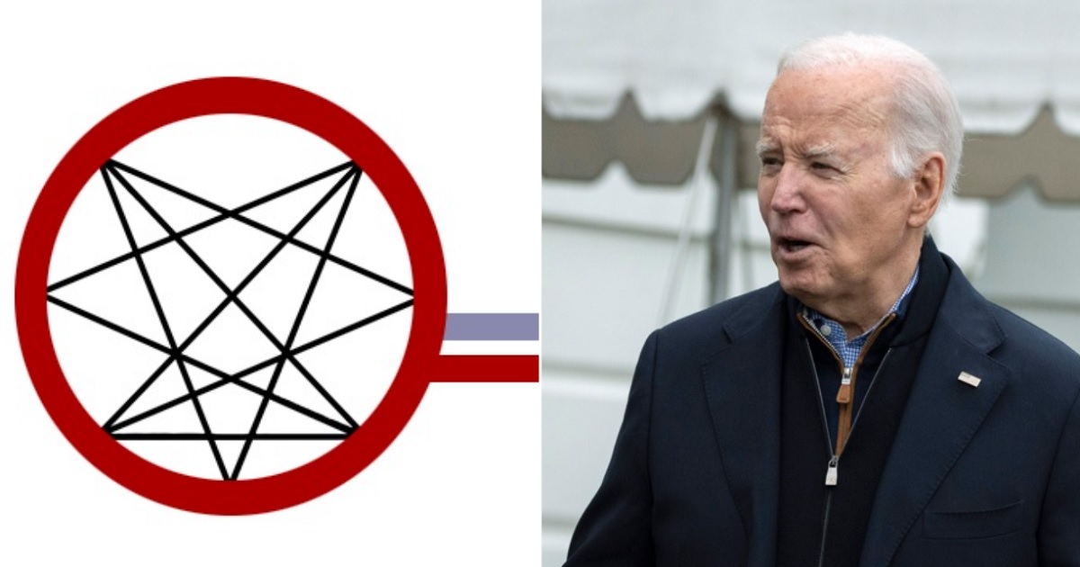 The Order of Nine Angles, and obscure Satanic group, has endorsed the re-election of President Joe Biden. One of the group's logos is pictured, left. Biden is pictured leaving the White House on Saturday, right.