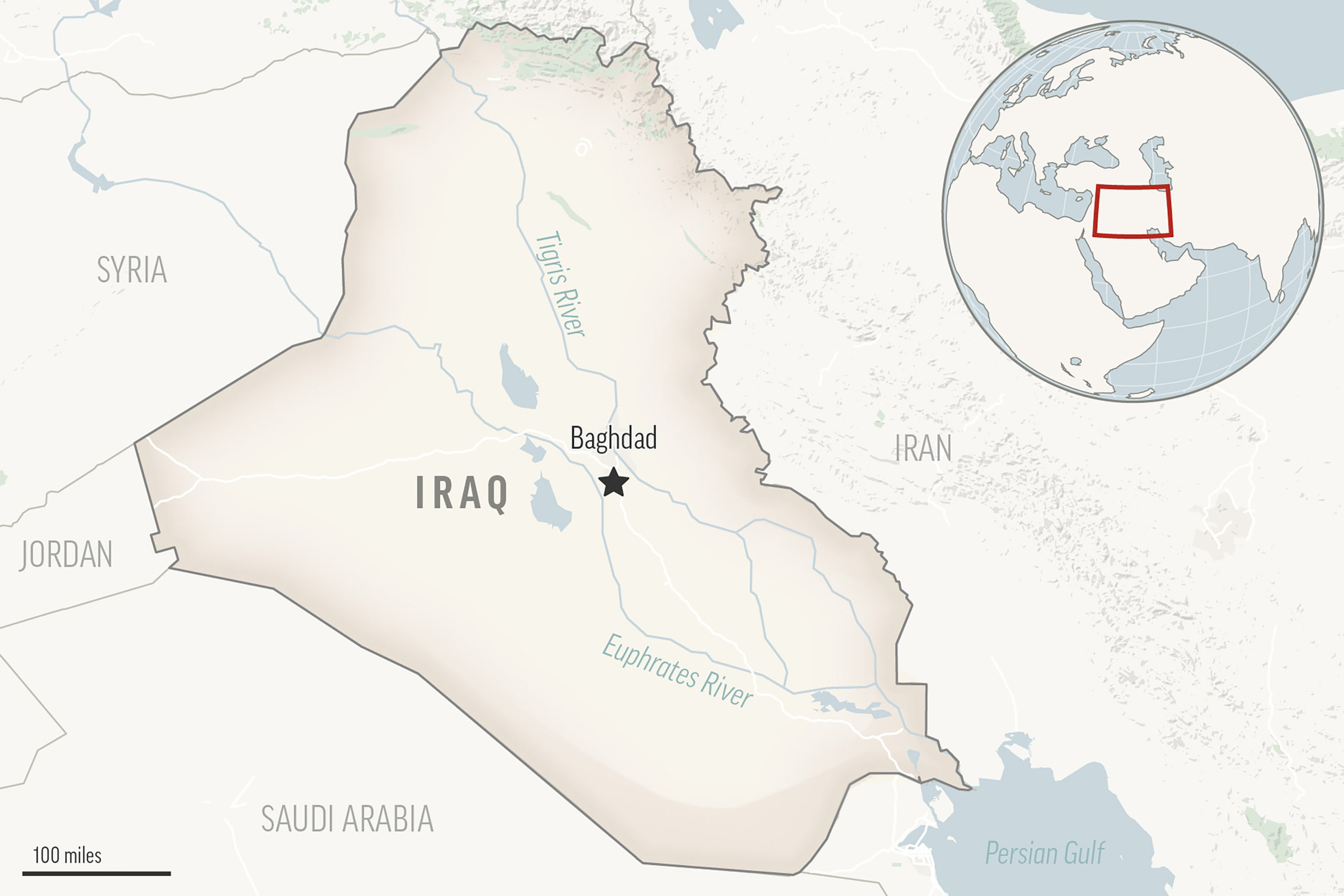 This locator map shows Baghdad, Iraq, on a map of the Middle East.