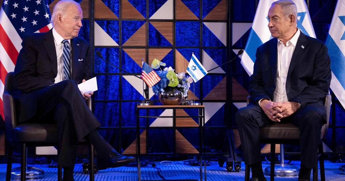 President Joe Biden, left, meets with Israel's Prime Minister Benjamin Netanyahu, right, in Tel Aviv, Israel, on Oct. 18.