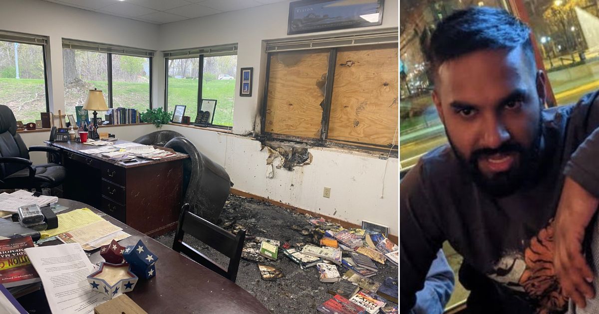 Hridindu Sankar Roychowdhury, right, pleaded guilty Friday to the May 2022 firebombing of a pro-life headquarters in Madison, Wisconsin, left.