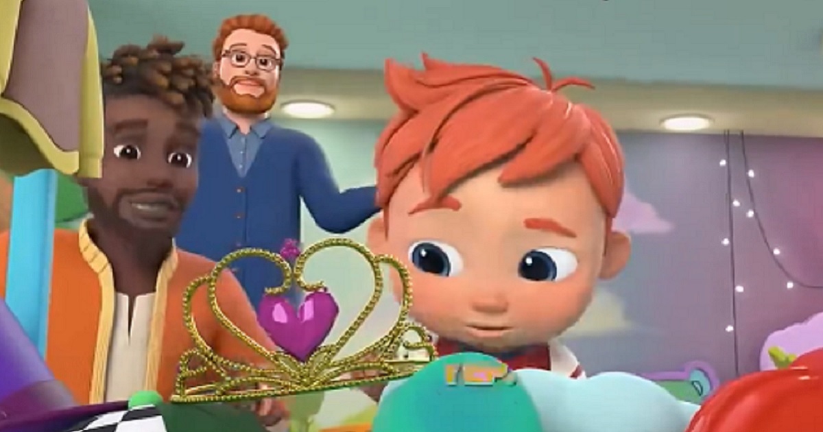 A scene from a controversial song from the Netflix show "CoComelon" shows a boy holding a tiara as his two "dads" look on.