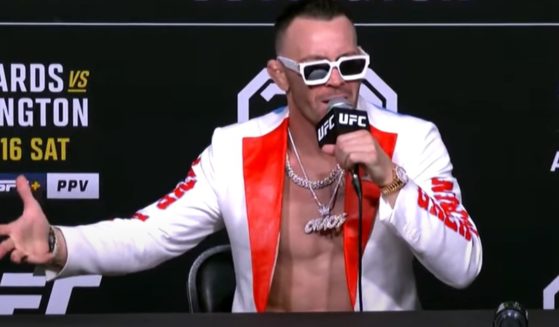 UFC star Colby Covington speaks during a press conference ahead of his Saturday night MMA bout in Las Vegas.