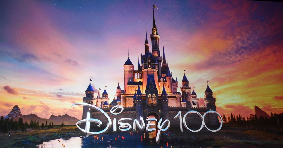The Disney logo celebrating 100 years is displayed on stage during CinemaCon 2023 at Caesars Palace in Las Vegas, Nevada.