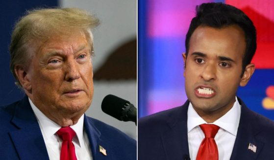 At left, former President Donald Trump speaks at Fort Dodge Senior High School in Fort Dodge, Iowa, on Nov. 18. At right, Republican presidential candidate Vivek Ramaswamy speaks during the NBC News primary debate at the Adrienne Arsht Center for the Performing Arts of Miami-Dade County in Miami on Nov. 8.