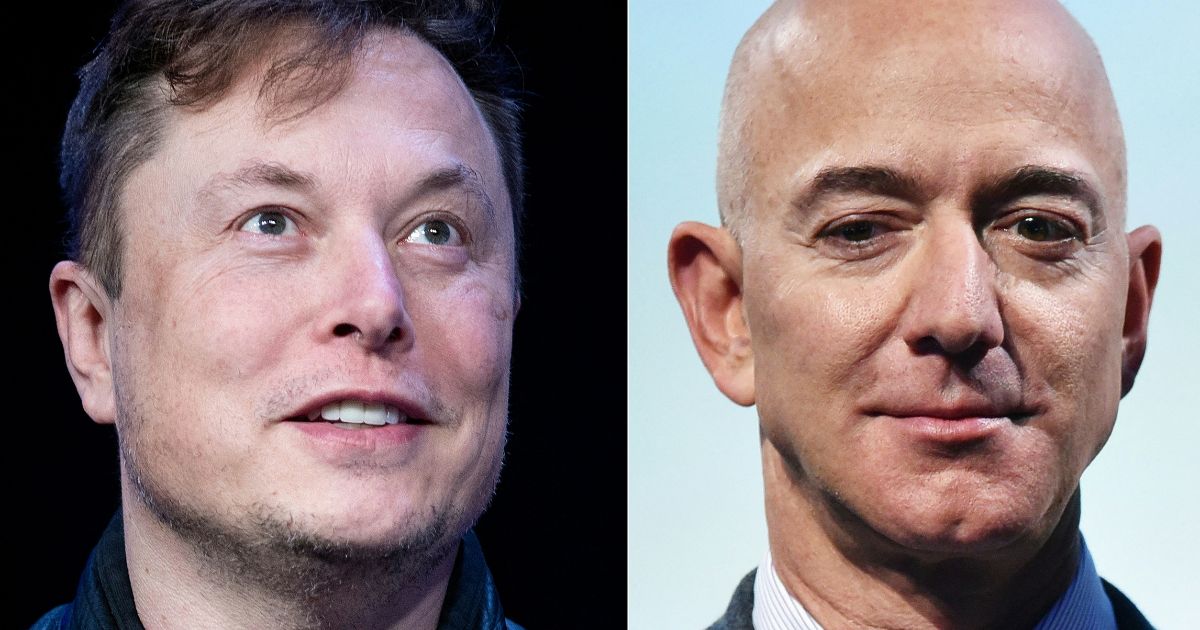 Business and tech rivals Elon Musk, left, and Jeff Bezos.