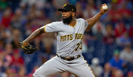 Felipe Vazquez of the Pittsburgh Pirates throws a pitch in the bottom of the eighth inning of a game against the Philadelphia Phillies at Citizens Bank Park on Aug. 27, 2019, in Philadelphia.