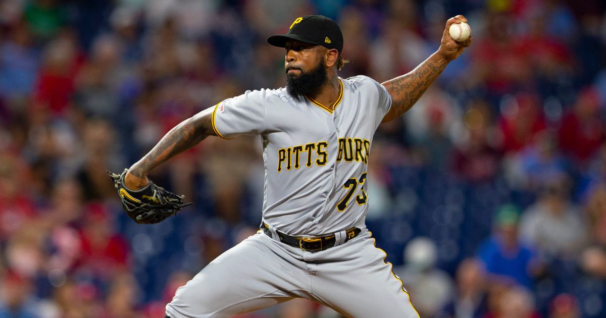 Felipe Vazquez of the Pittsburgh Pirates throws a pitch in the bottom of the eighth inning of a game against the Philadelphia Phillies at Citizens Bank Park on Aug. 27, 2019, in Philadelphia.